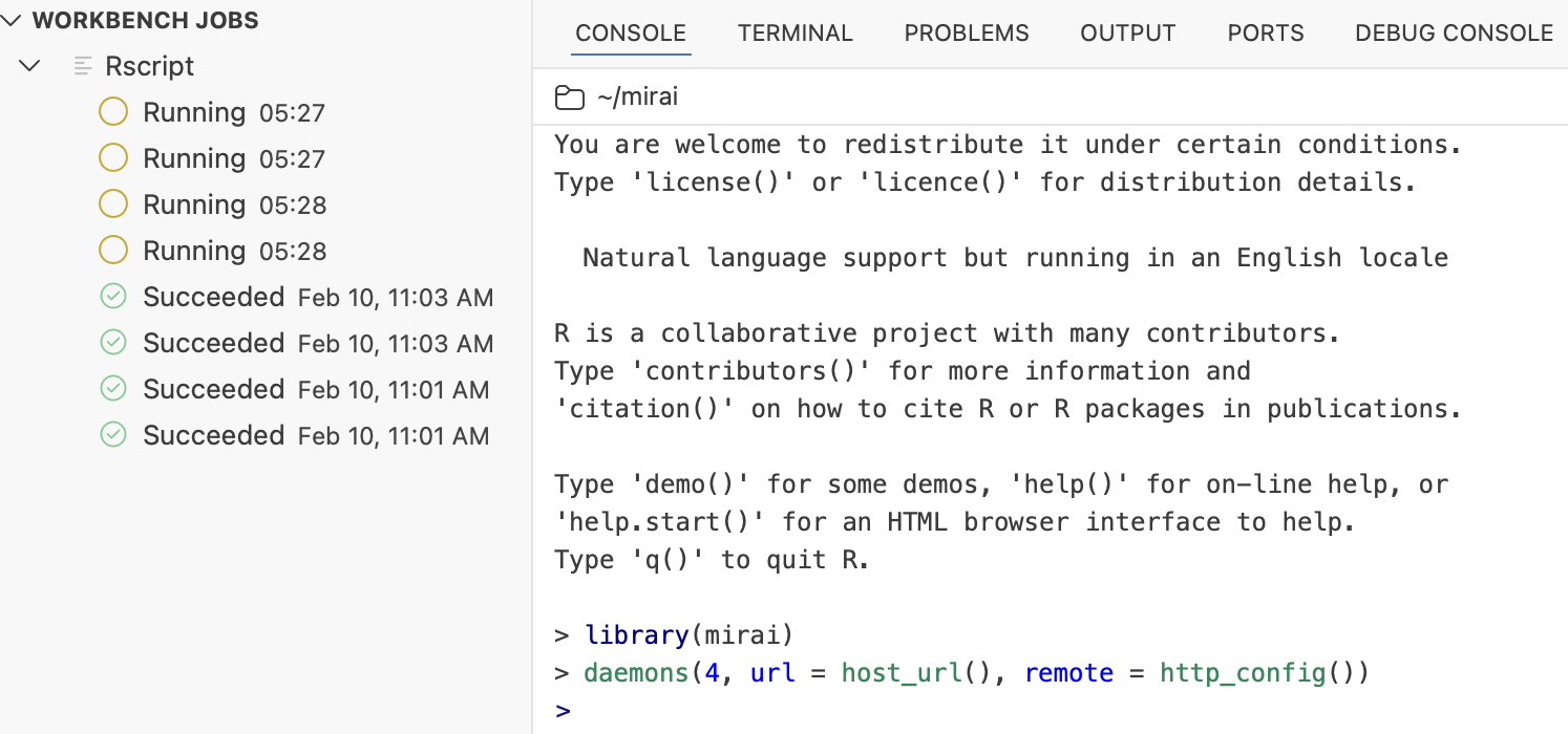 A Posit Workbench session with four mirai daemons running as Posit Workbench jobs, launched from a single line of R in the console.